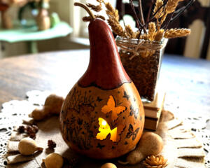 A gourd light with cat artwork on the front. Two butterfly cutouts show a battery-operated candle light shining through.